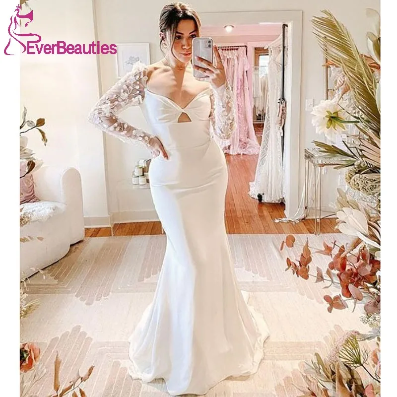 Satin Wedding Dresses Vestidos De Novia Long Sleeves Robe De Mariee Simple Wedding Gown Mermaid Beach Bride Dress 2023