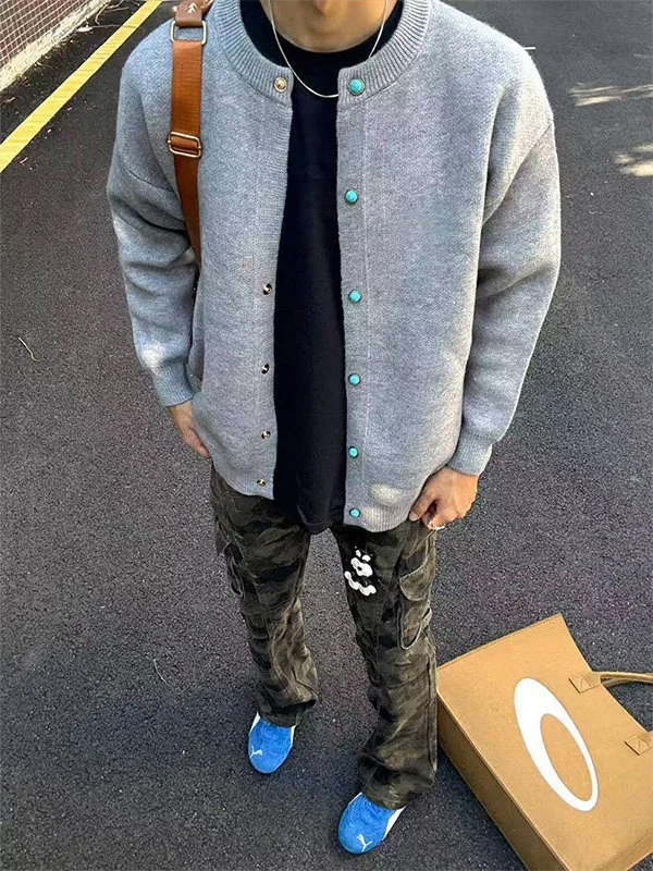 

Cleanfit бирюзовый открытый кардиган, свитер, мужской осенний ленивый модный бейсбольный воротник, вязаный топ, свободный крой, удобный