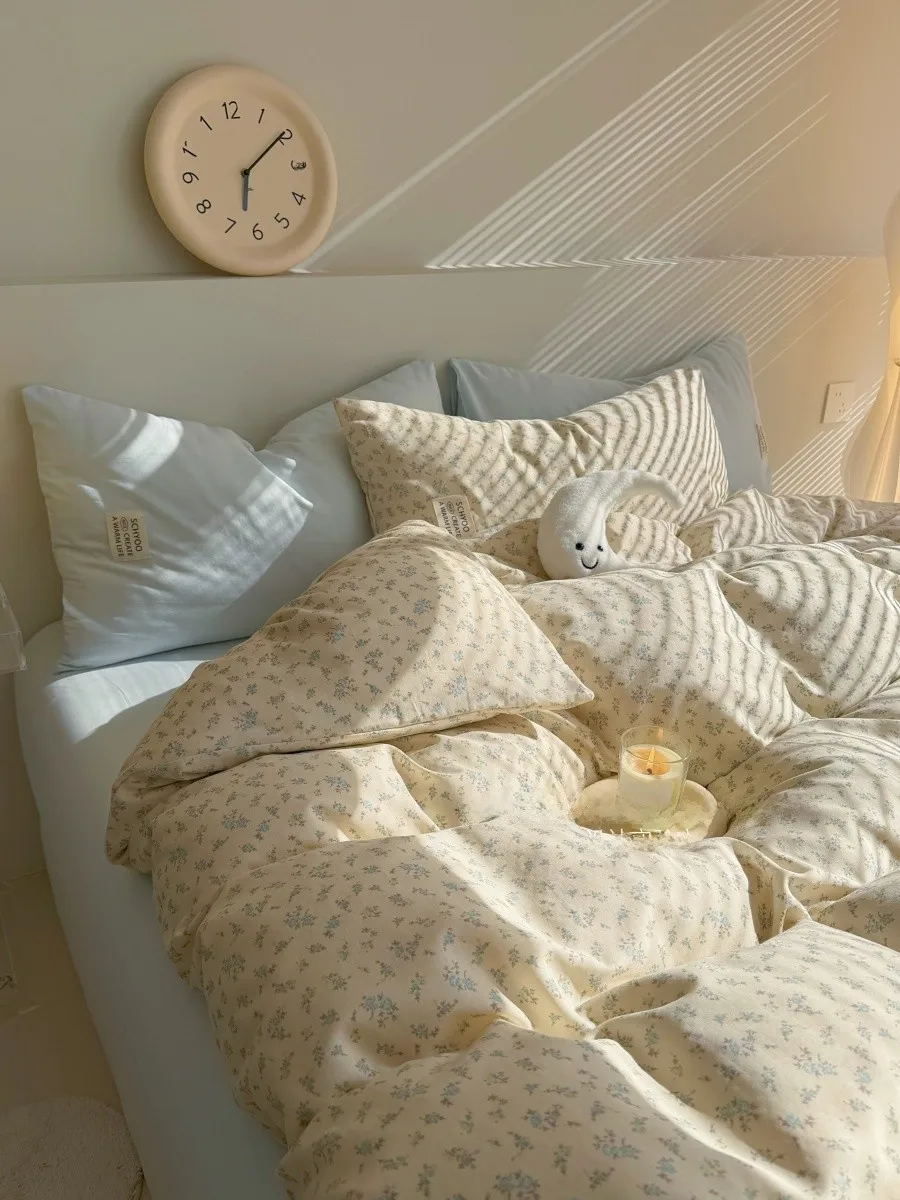 

Комплект постельного белья Ins Korean Sle Cr из чистого хлопка с синим цветочным узором, двухслойный, из четырех предметов, мягкий, дышащий, всесезонный, с пододеяльником