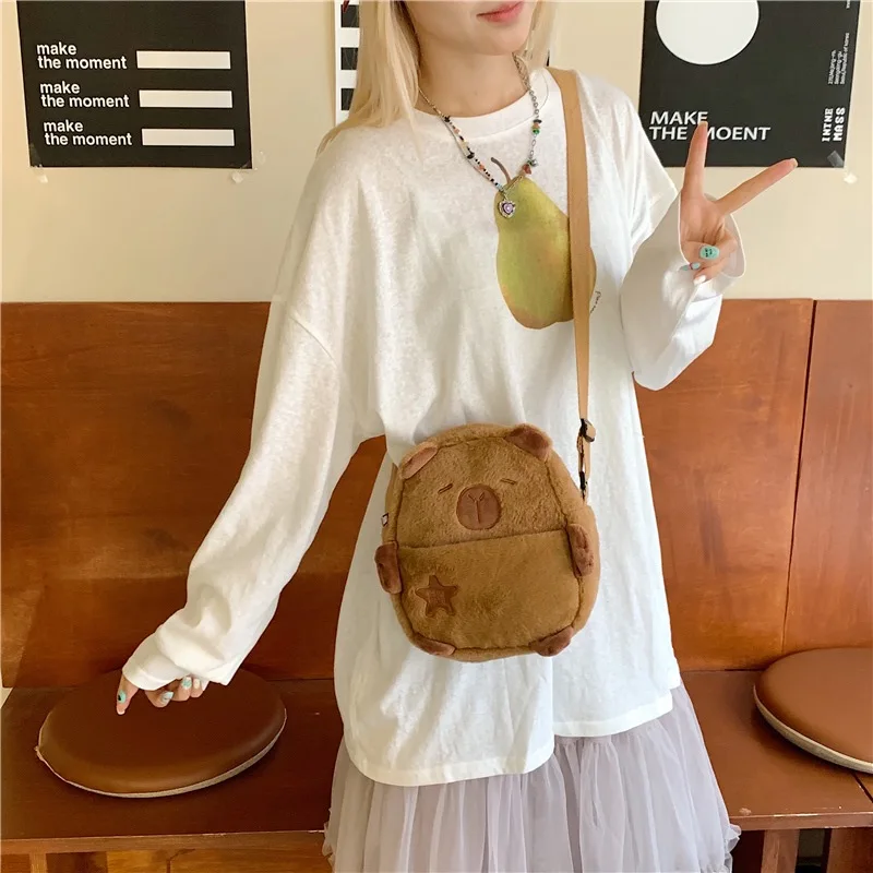 Cute Cartoon Capybara Crossbody Phone Bags for Girls Plush Lightweight Small Shoulder Bag  Zipper Chest Bag for Children