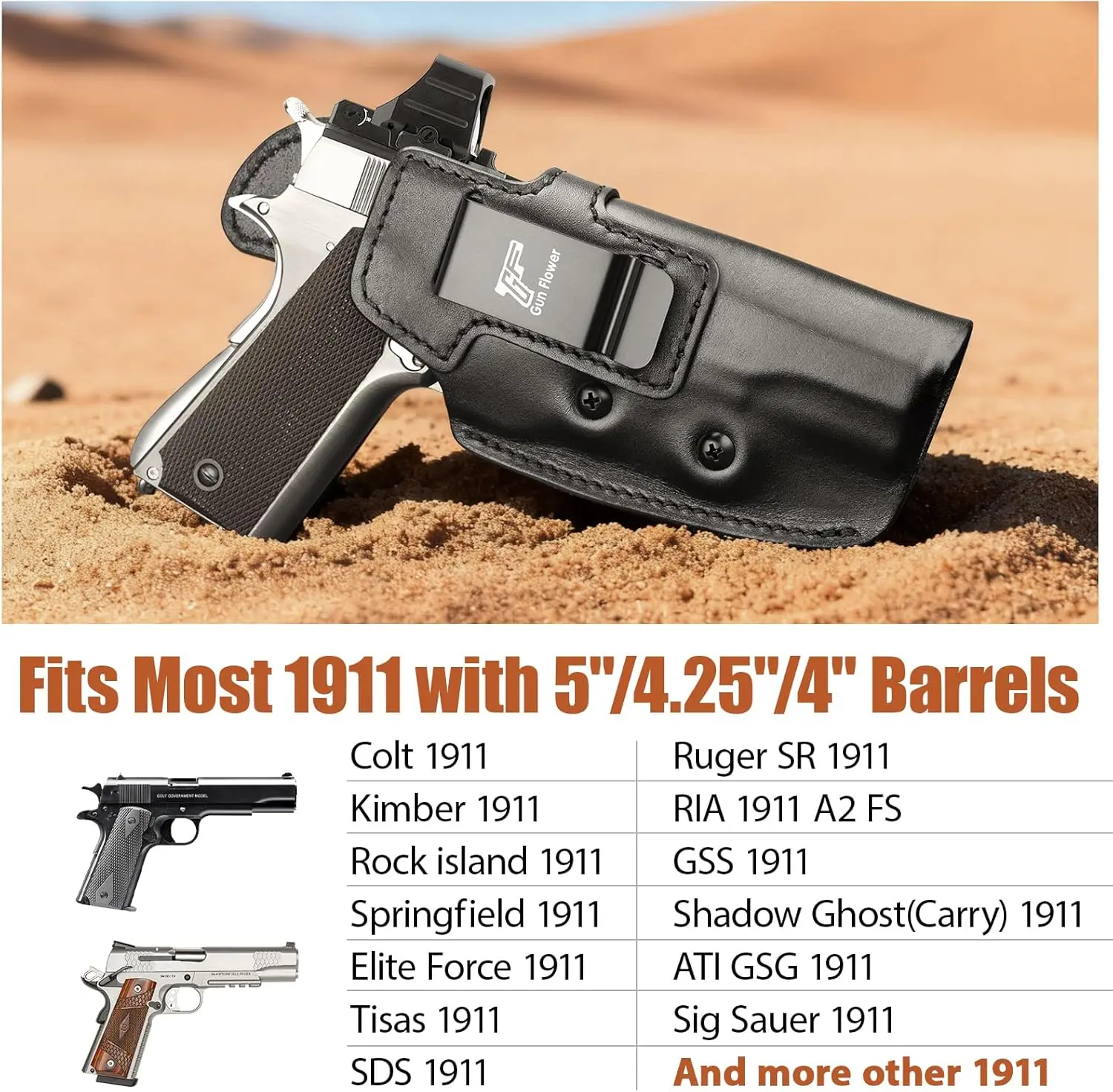 حافظة جلدية IWB 1911، لأسطوانة 5 بوصة 4.25 بوصة 4 بوصة، سكة حديد، بدون قضيب، كولت مناسب، قوة النخبة، كيمبر، جزيرة الصخور، سبرينغفيلد، تيسا، S&W، روجر