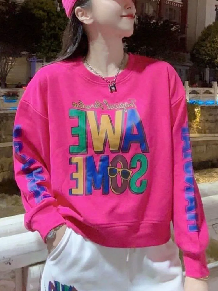 Suéter Feminino de Algodão com Estampa de Letras, Moda Outono, Novo, Manga Longa, Tamanho Pequeno, Anti-envelhecimento