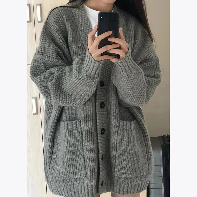 Rimocy Autumn Winter Gray Knitting Cardigan Women Korean Fashion Long Sleeve Loose Cardigan Coat Woman V Neck Button Up Sweaters