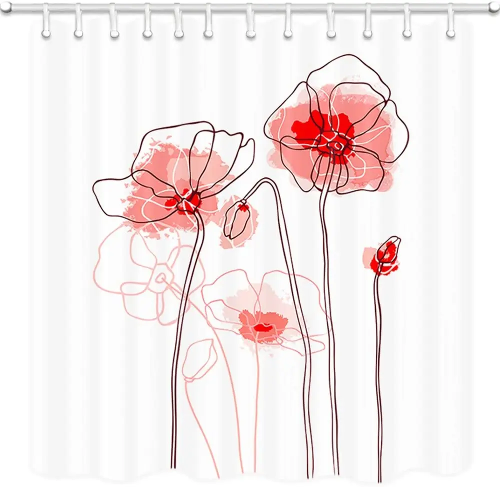 Flower Decor Shower Curtain Floral Red Poppies Flowers  White Background Bathroom Polyester Fabric Bath Curtains with Hooks