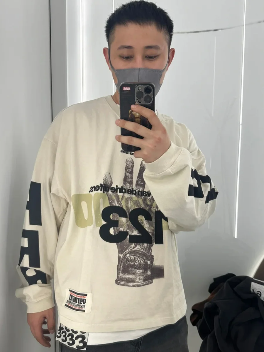 American Style RRR123 Long Sleeve T-Shirt Men's Loose Fit Vintage Washed Hand Graffiti Print High Street Casual Cotton Tee