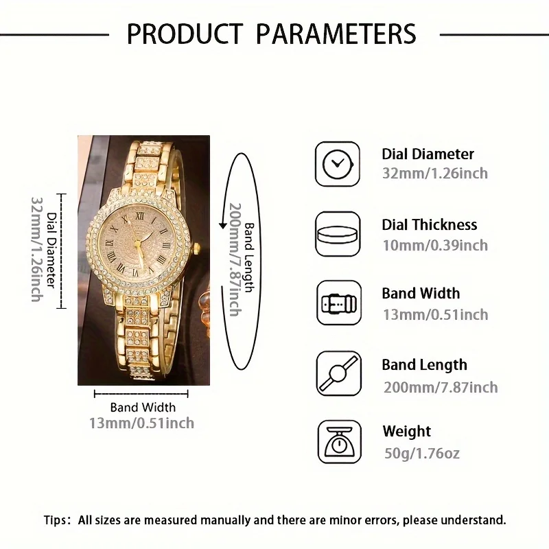 6pcs/set Women\'s Watch Luxury Rhinestone Quartz Watch Hiphop Fashion Analog Wrist Watch & Jewelry Set, Gift For Mom Her