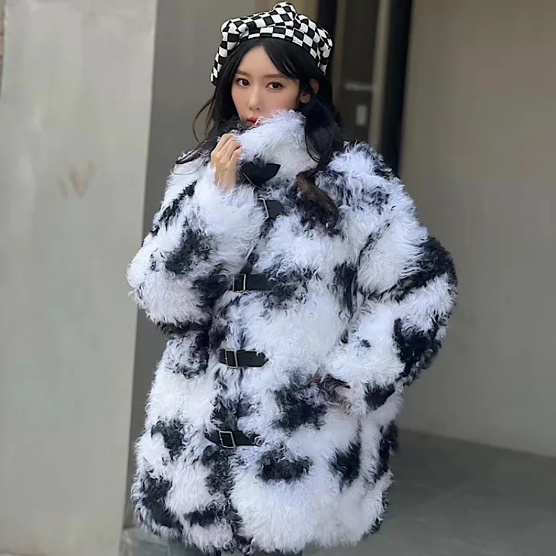 

2022 Winter Women High quality real sheep skin Fur With Natural Whole Skin Genuine sheep Fur Medium Overcoat Cow Flower Woman