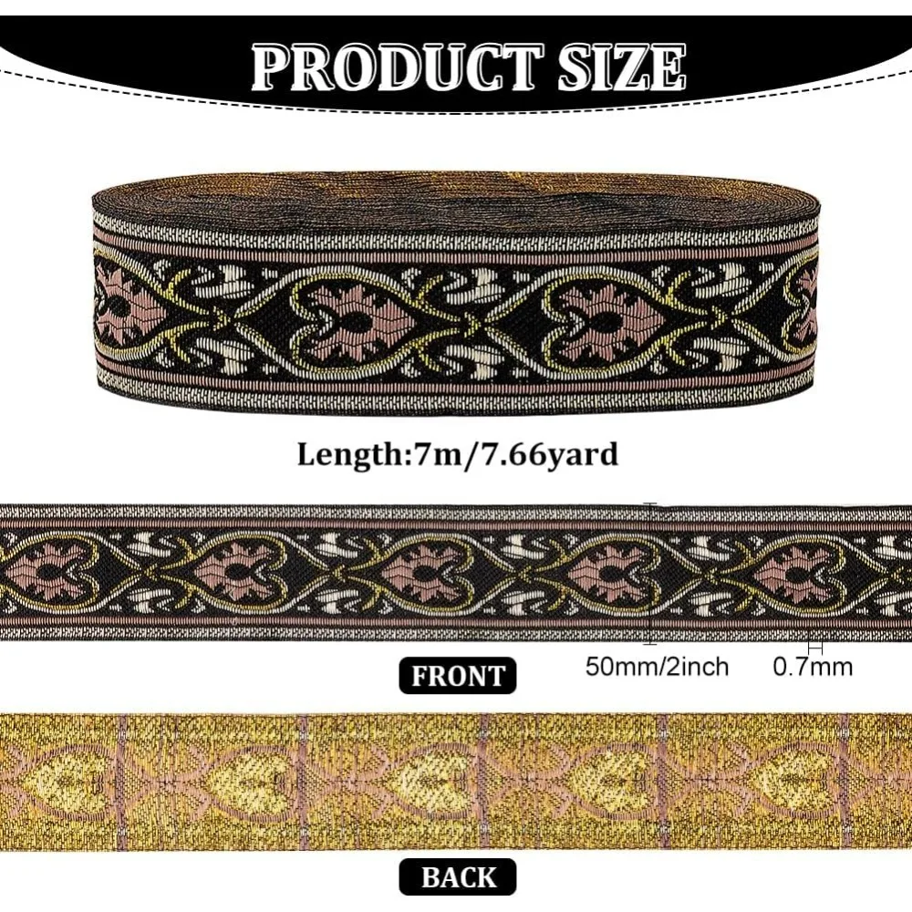 7.66 Yard 1.35 Inch Vintage Jacquard Ribbon Black Jacquard Trim Emobridered Woven Trim with Heart Pattern Gold & Pink Floral