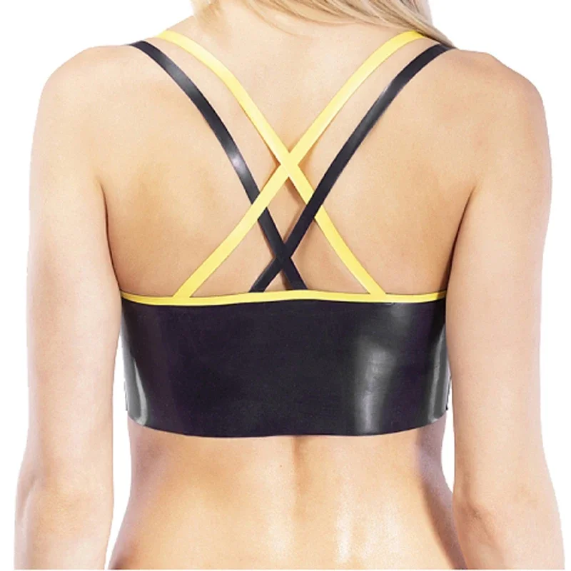 Black With Yellow Sexy Latex Bra  Zippers At Front Rubber Lingerie Brassieres Cosplay