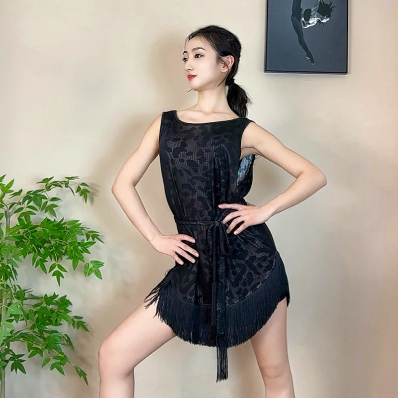 Femmes noir Camisole robe de danse latine 2025 été Sexy dos nu gland jupe adulte Cha Cha vêtements d'entraînement jupe à franges