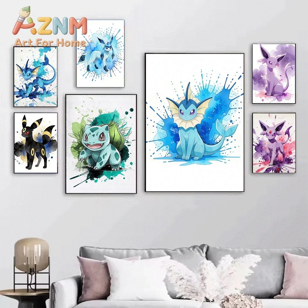 2D Flat Posters & Prints,Pikachu Splash Ink Canvas Wall Art,2D Flat Frameless Anime Monster Print,Home Decor for Kids Bedroom
