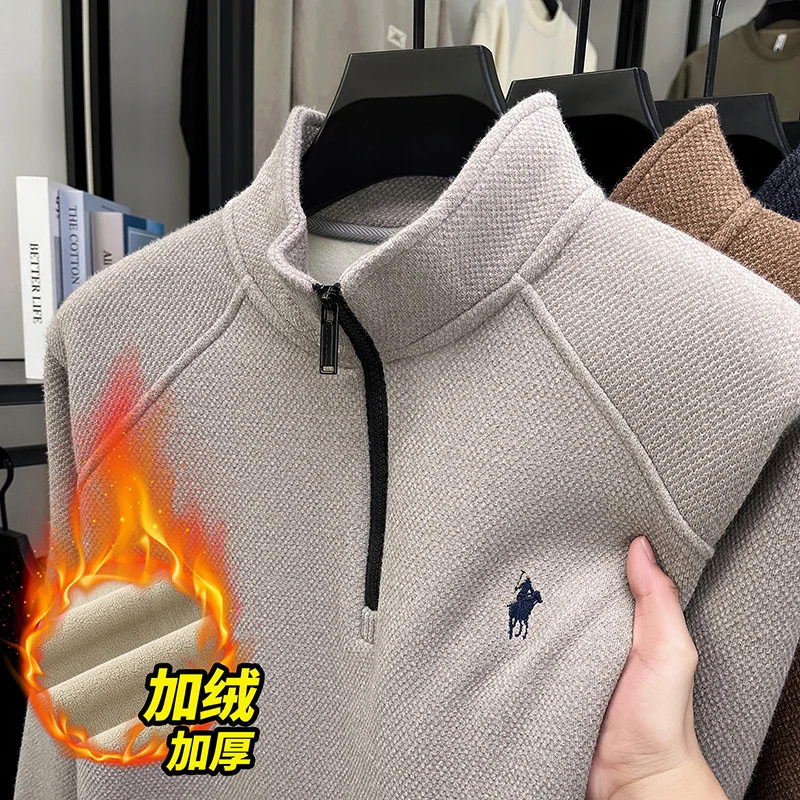 

Half Zipper Integrated Velvet Embroidered Sweater for Men in Winter, with Thick Fur and Mink Fur As The Base, Knitted Sweater