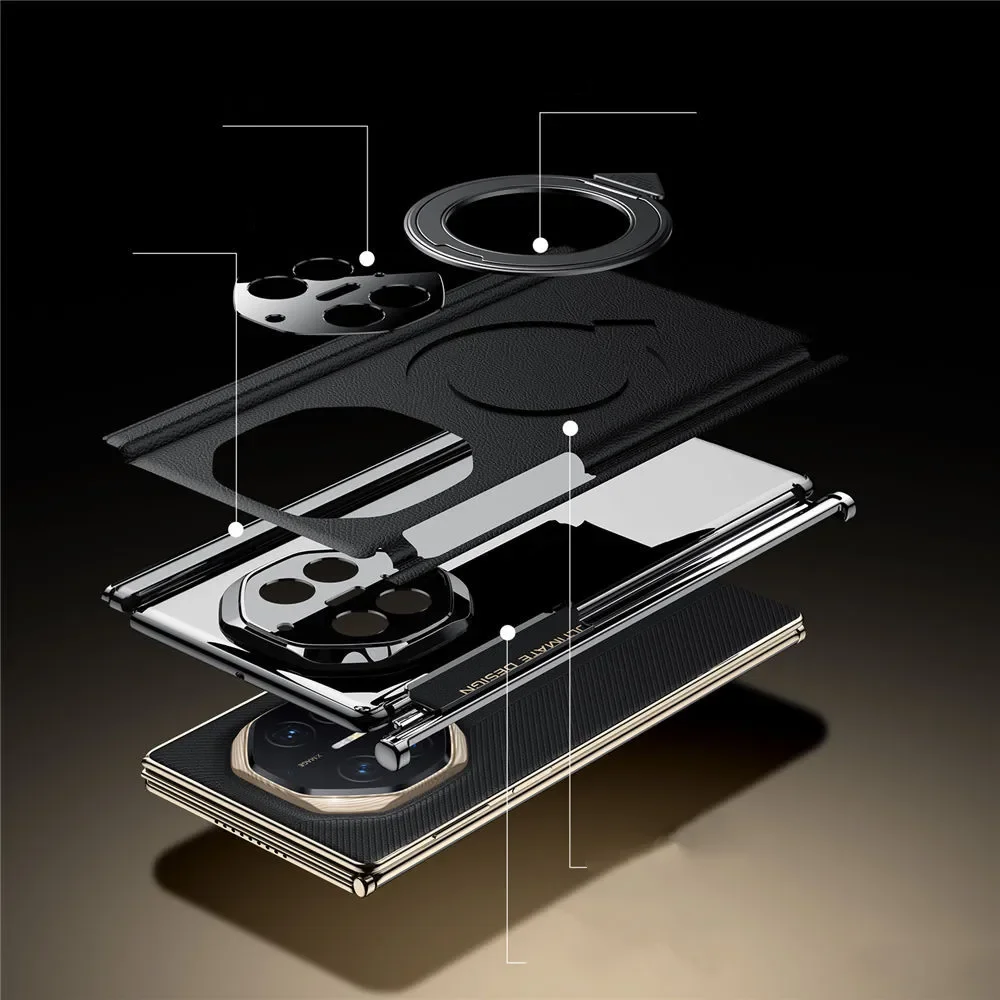 Luxury Sulada Genuine Cowhide Leather Magsafe Case For Huawei Mate XT XTS Metal Ring Holder Bracket Double Hinge Cover