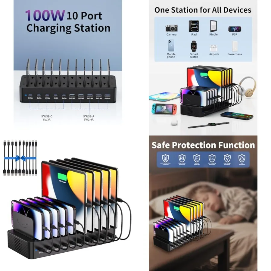 

100W Charging Station for Multiple Devices, 10-Port USB Fast Charging Station with Adjustable Dividers and 10 Cables- Multi Dev