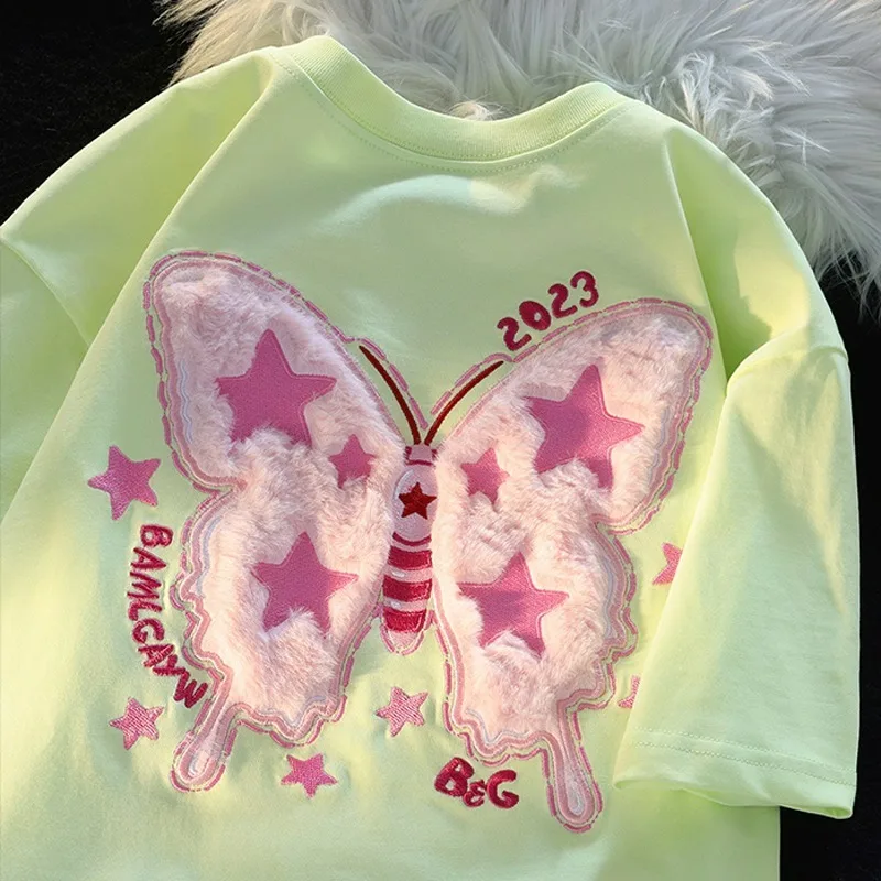 2025 Summer New Loose Korean Style Crew Neck Flocking Butterfly Casual Medium Long Short-sleeved Chic Niche T-shirt
