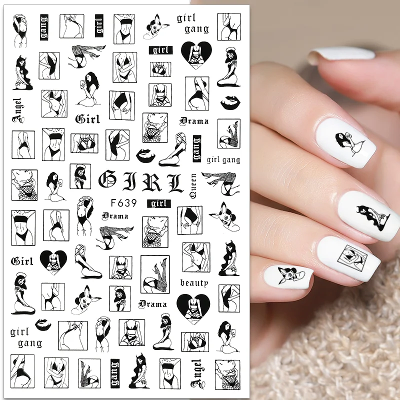 3D Zwart Wit Bladeren Bloem Nail Art Sticker Manicure Levert Kleur Hart Vlam Nail Decal Nail Art Decoratie Nail Onderdelen