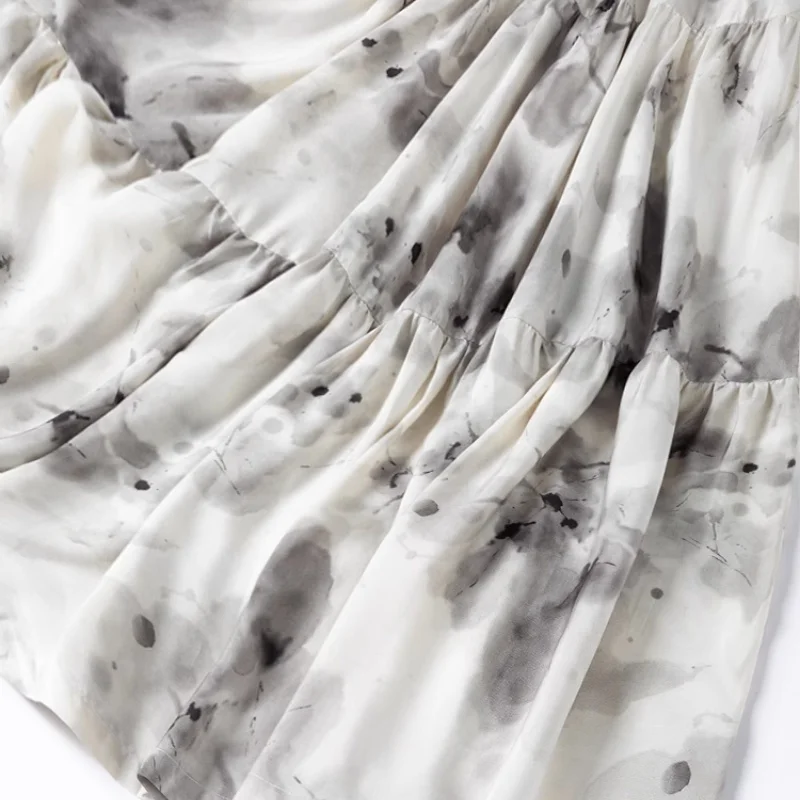 Birdtree 70 % Maulbeerseide, 30 % Baumwollrock, Damen-Tintenwaschdruck, elastische Taille, lockere Röcke, 2025, Sommerneu, D56907JF