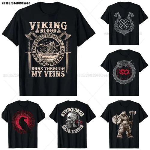 Imagen 1 del producto Sangre vikingo corre a través de mis venas camiseta de barco vikingo estilo nórdico camisetas de manga corta de gran tamaño para hombres camisetas ropa de diseñador