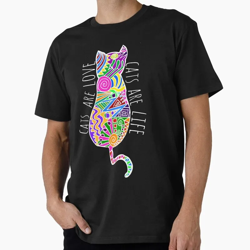 cats are love, cats are life Funny Gift T-shirt Men's Short Sleeve Graphic Clothes 100% Cotton Printed Unisex Tee All Size Tops
