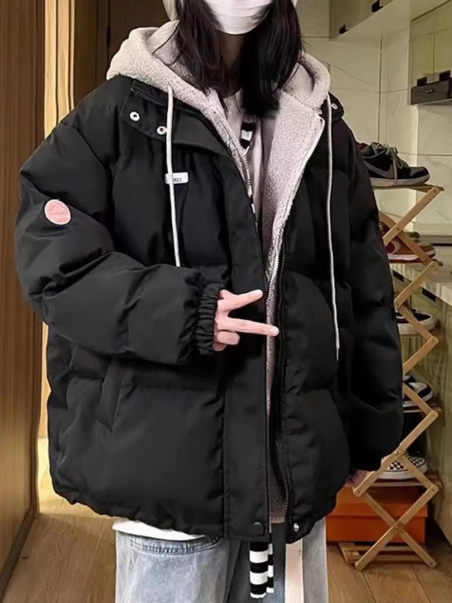 Fake Two Down Jackets Autumn Winter New Korean Style Color Blocked Loose Coat Thick Plush Fashionable Hooded Cotton Jacket