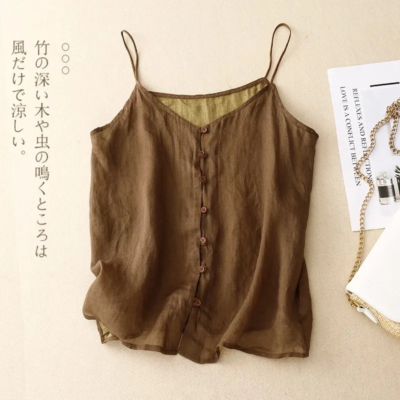 2023 Summer Arts Style Women Sexy Spaghetti Strap Tank Top Single-breasted Design Cotton Linen Loose O-neck Sleeveless Tops P71