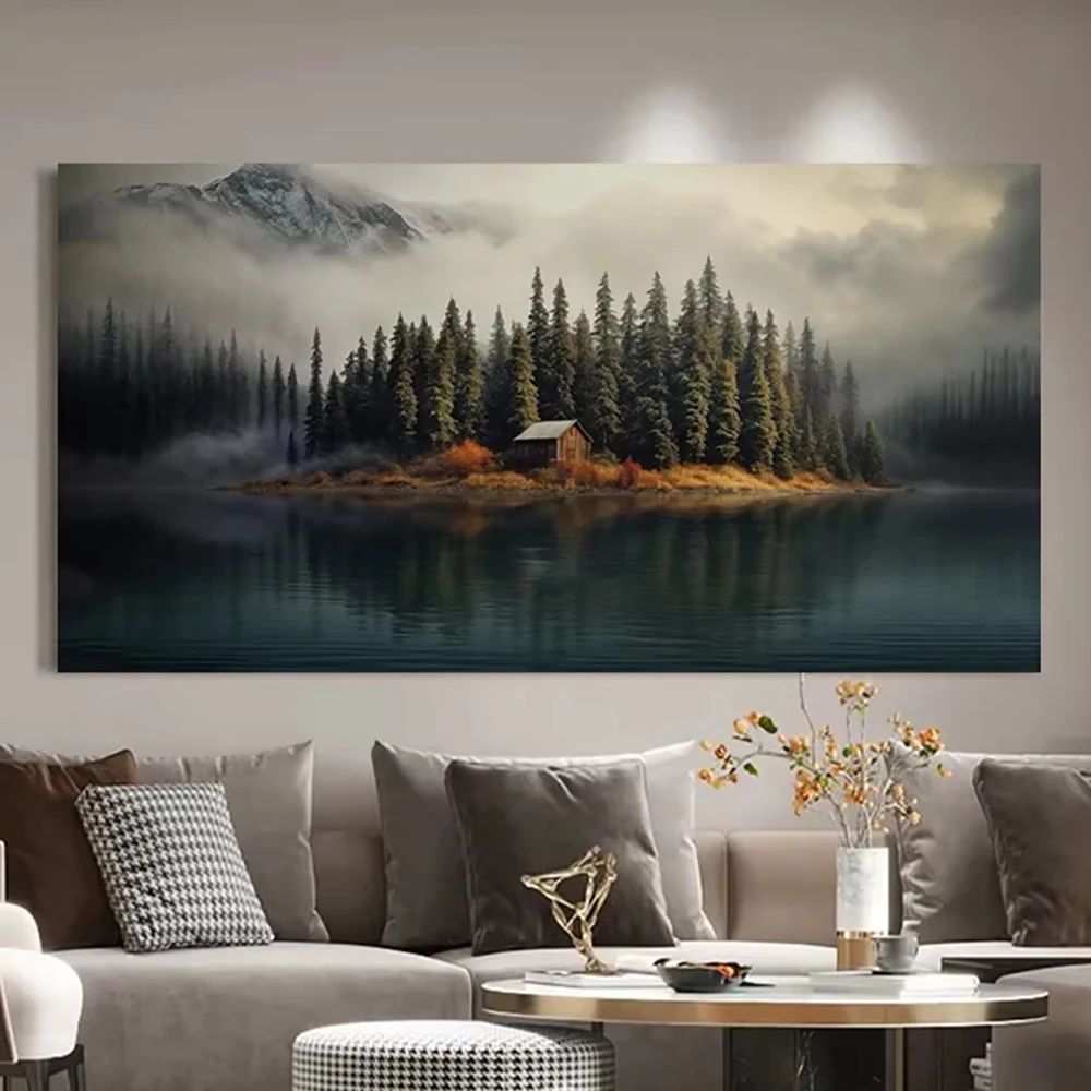 Cabin on The Lake Fir Tree Forest Lake House Rustic Poster and Prints Landscape Canvas Painting Wall Pictures Home Decor Cuadros