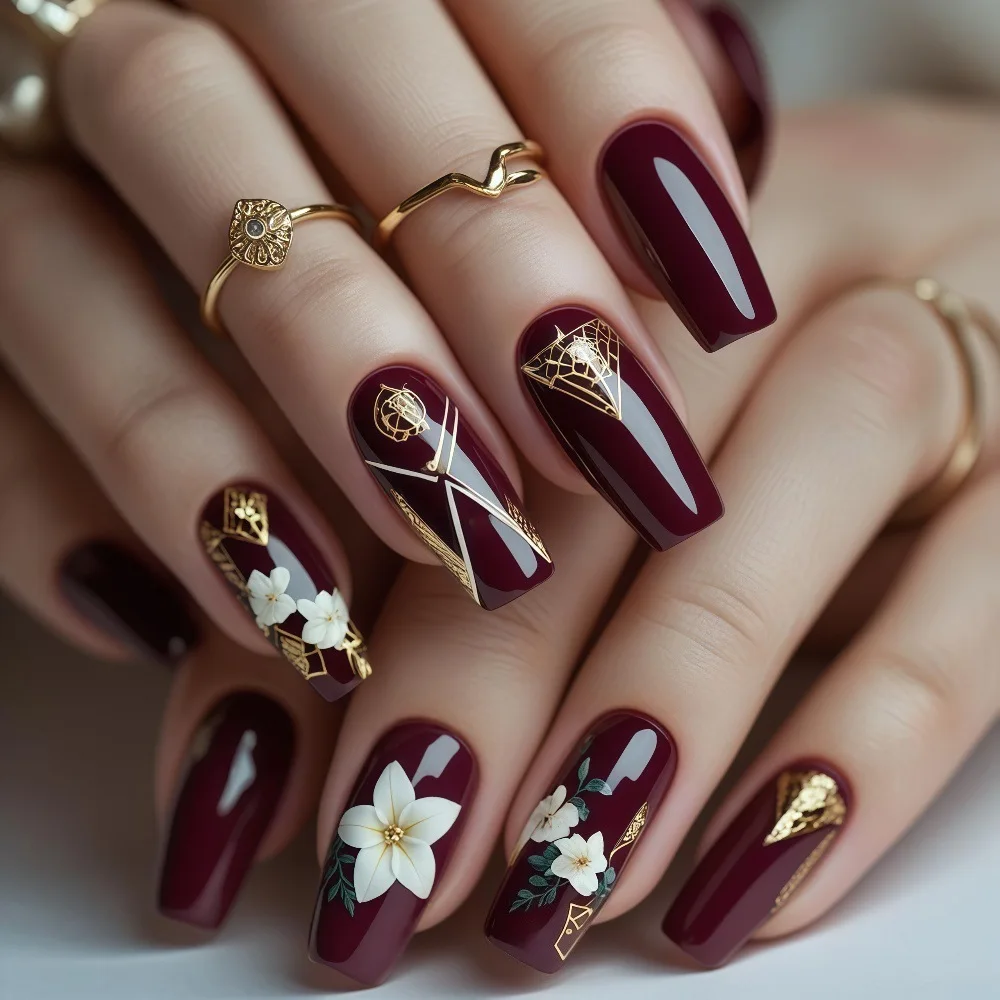 Mittellange künstliche Nägel für Frauen und Mädchen, goldene Blumen, Blätter, geometrisches Design, vollflächige Ballett-Nagelspitzen, zum Aufkleben, falsche Nägel