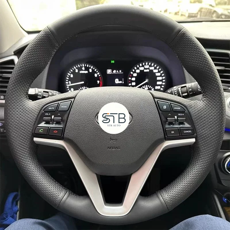 Hand‑Stitched Full Wrap Steering Wheel Cover, Perforated Genuine Leather, Custom Fit for 2015‑2018, 2020 Hyundai Tucson