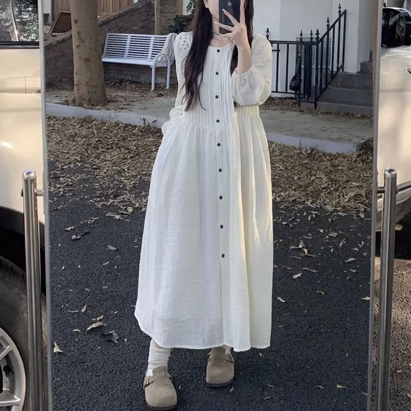 

Gentle Loose Pleated Long Dress Women's Clothing Solid Color Casual O-Neck Spring Autumn Single-breasted Fashion A-Line Dresses