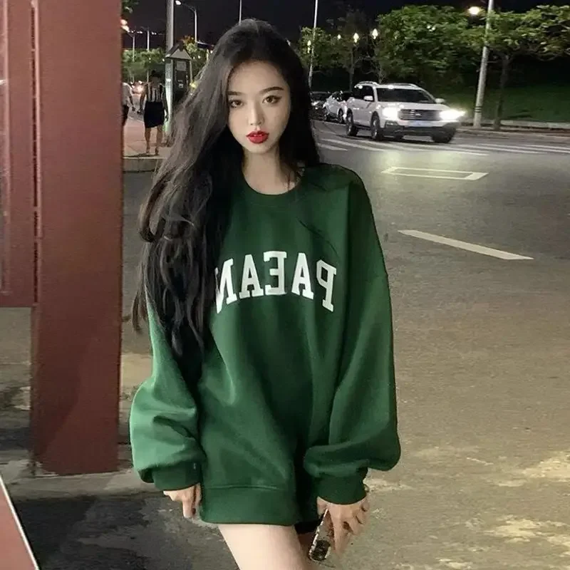 Spring and autumn sweatshirts for women American retro dark green white loose design niche round neck thin tops hot style y2k