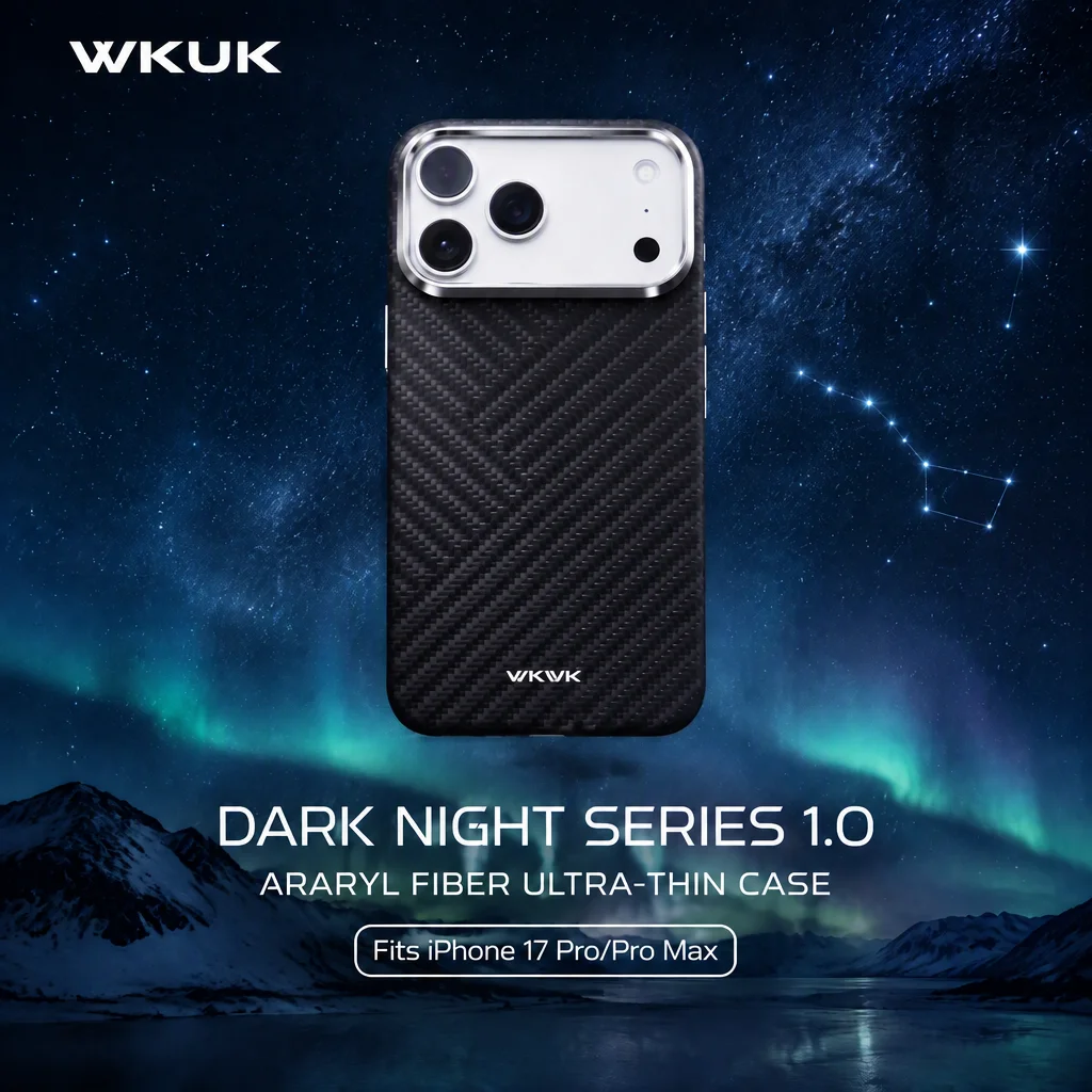 WKWU Dark Night for iPhone 17 Pro/Promax, Aramid Fiber Case, MagSafe Compatible, Slim Fit, Chrome Camera Ring, Black Grey Woven