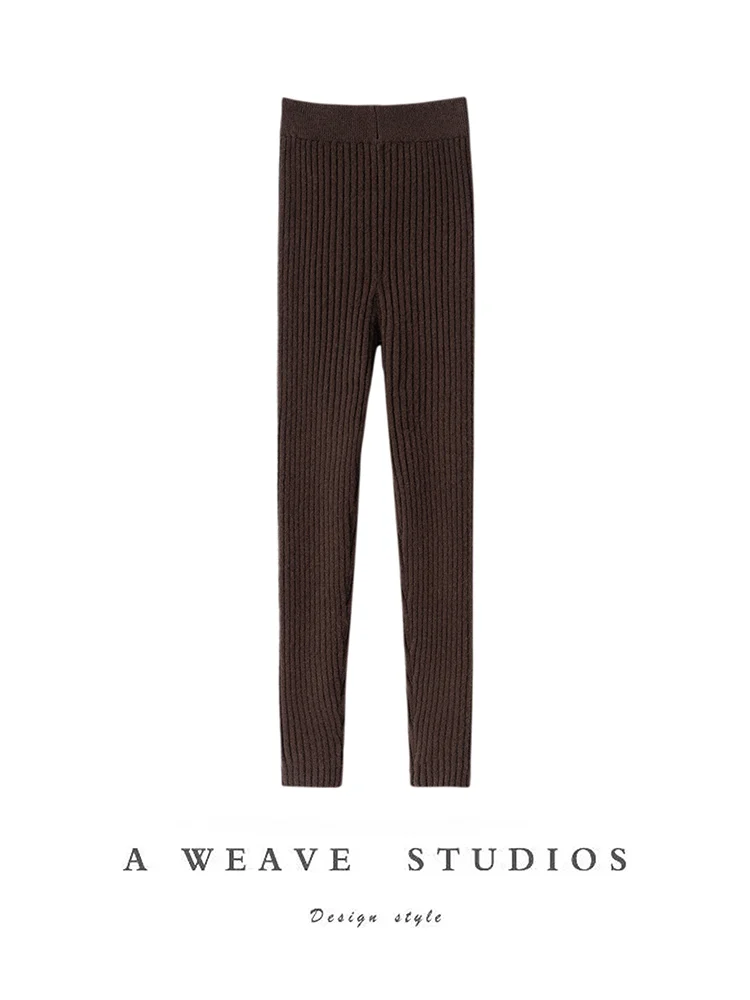 Women's Cashmere Wide striped Leggings High Elastic Slim Pants Autumn Winter 100% Cashmere Knitted Soft Warm Jacquard Leggings