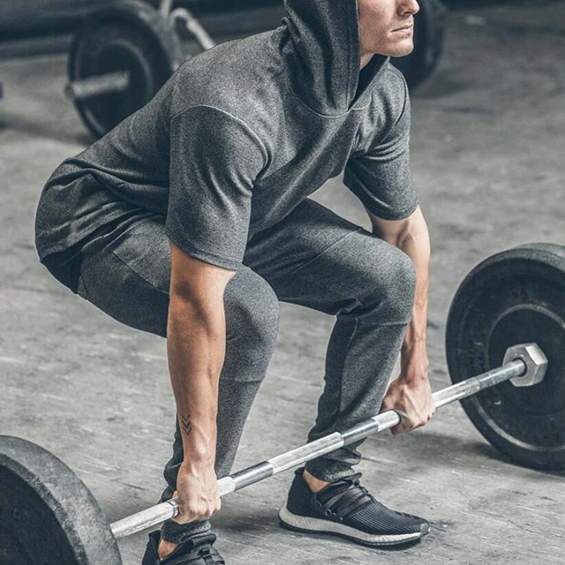 Plain Summer Cotton Breathable Hoodie Mens Short Sleeve Sports Slim Fit T-shirts Gym Bodybuilding Fitness Muscle Hooded Shirts