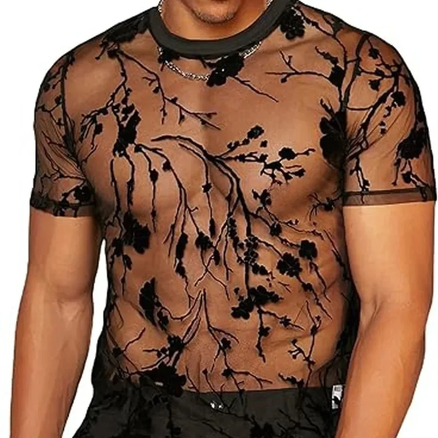 2024 New Summer Thin Fragmented Flower Design Feeling Flocking Sexy Round Neck Perspective Mesh Short Sleeve T-shirt