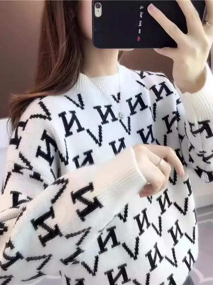 

Trendy Korean Loose Long Sve Sweater Jaet Women's Outerwear Retro Hong Kong Sle Pullover Spring Autumn Winter Warmth