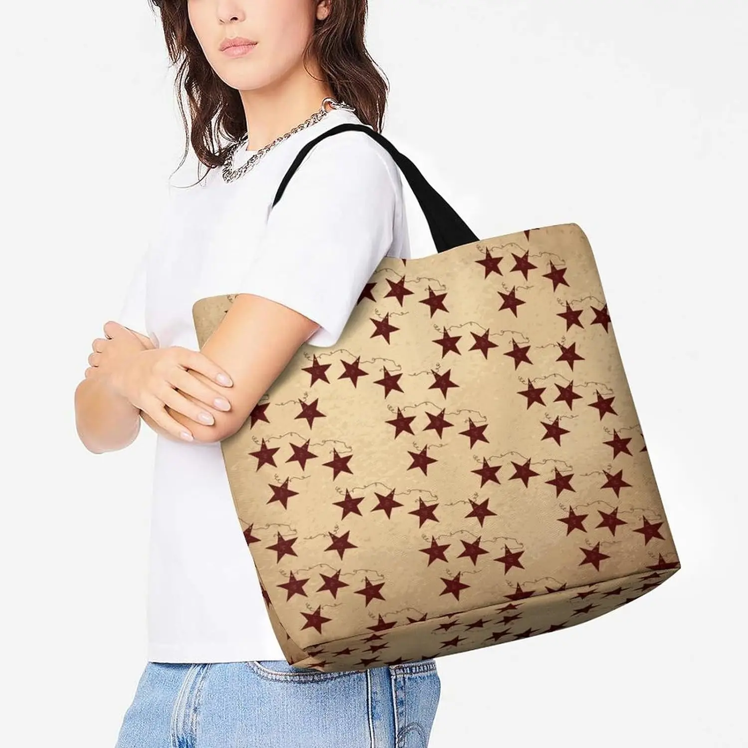 Bolso de mano Vintage con estrellas marrones para mujer, bolsa de compras lavable, bolso de mano de comestibles, bolso de hombro, bolsos de Compras de moda