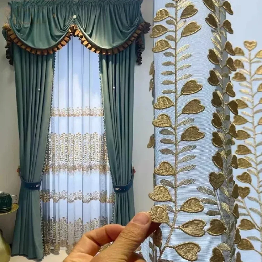 High Class Embossed Embroidery Gauze Blue Green Velvet Blackout Curtains for Living Room Bedroom French Window Customized