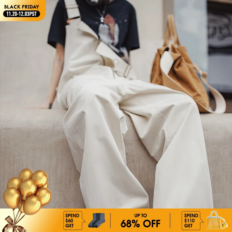 

Maden Loose Fit Overalls White with Adjustable Straps Pocket Zippered Placket Casual Women's Workwear Pants for Fall and Winter