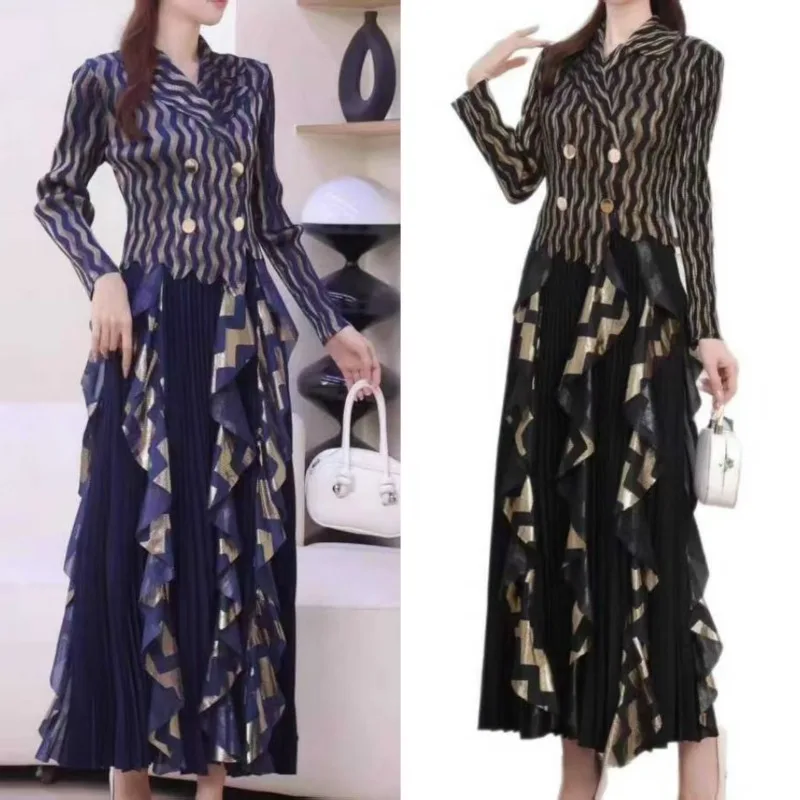 

Miyake плиссированное платье 2025 года, вечернее платье больших размеров с французскими оборками, осеннее новое модное женское длинное платье с тонким воротником горячего золота