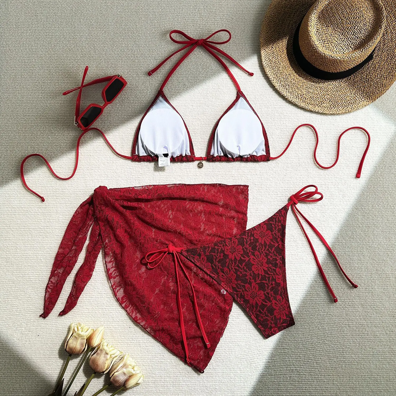 sexy lace micro mini string halter bikinis sets 3pcs with cover skirt black and red 2 color swimwear swimsuit bathing suit