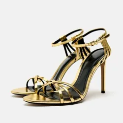 Fashionable Minimalist Gold Silver Hollow Out High Heels Sandals Sexy EuropeanAmerican Slim Heels10cm High Heels Women's Shoes