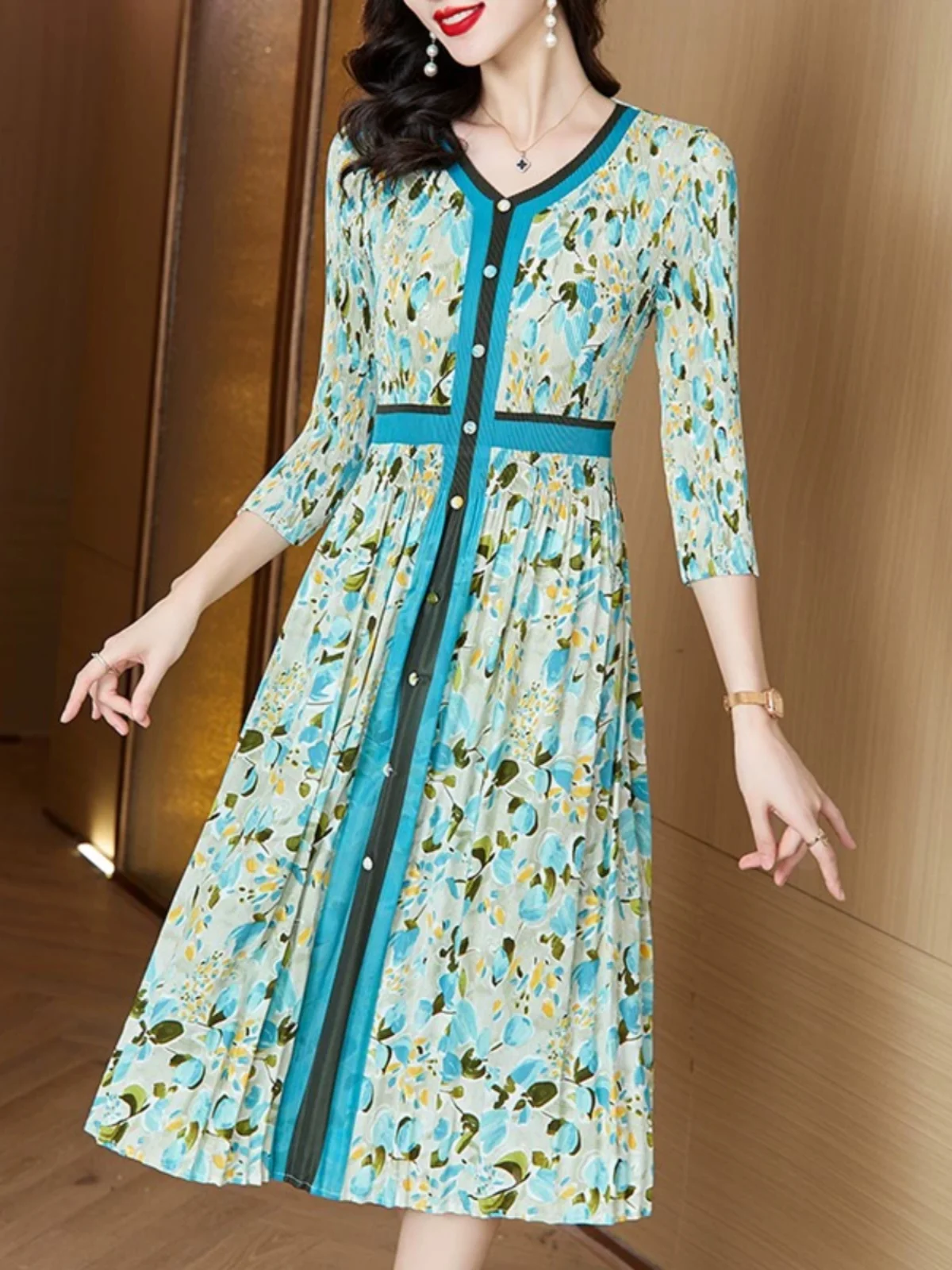 Spring Autumn Floral Print Pleated Midi Dr Single Button V Ne Waist Cinched Faionable Ele mid Long Skirt