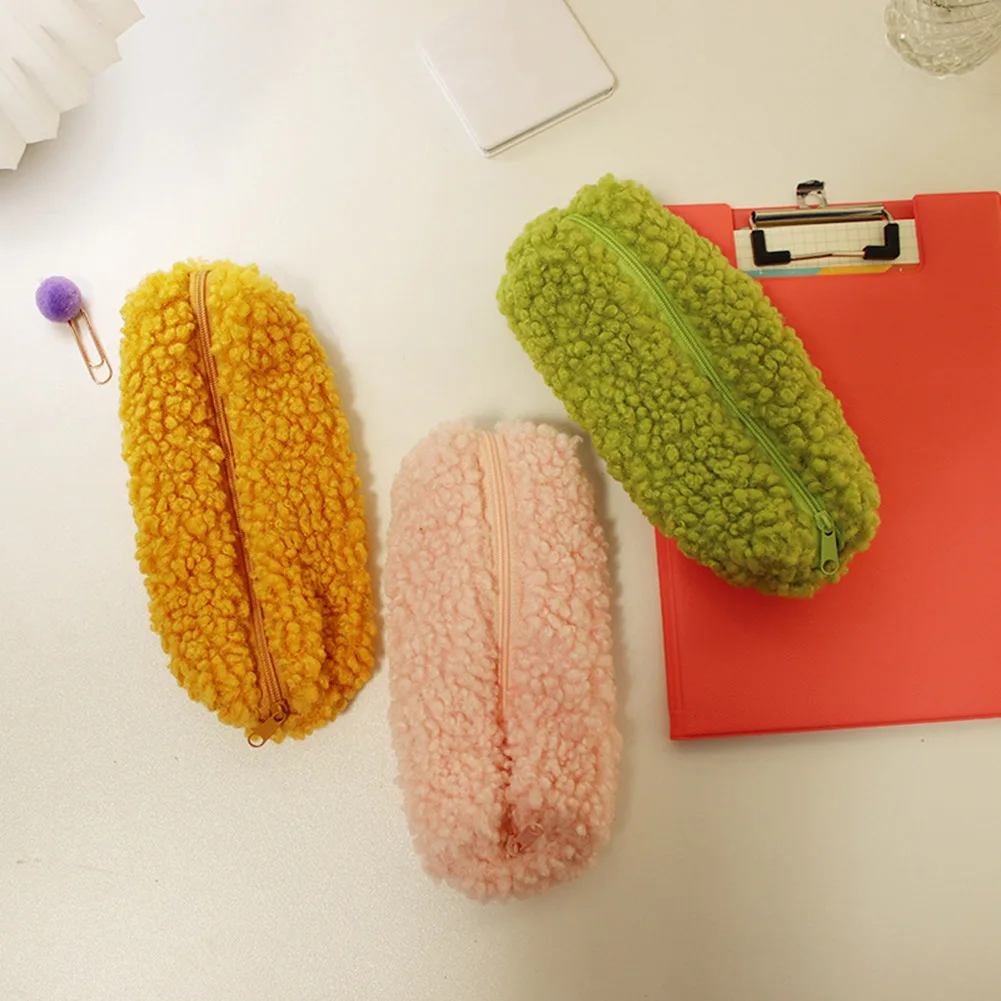 Pencil Case Pen Pouch Plush Kawaii Zipper Bags Cosmetic Make Up Organizer Pouch School Office Supplies(Beige)