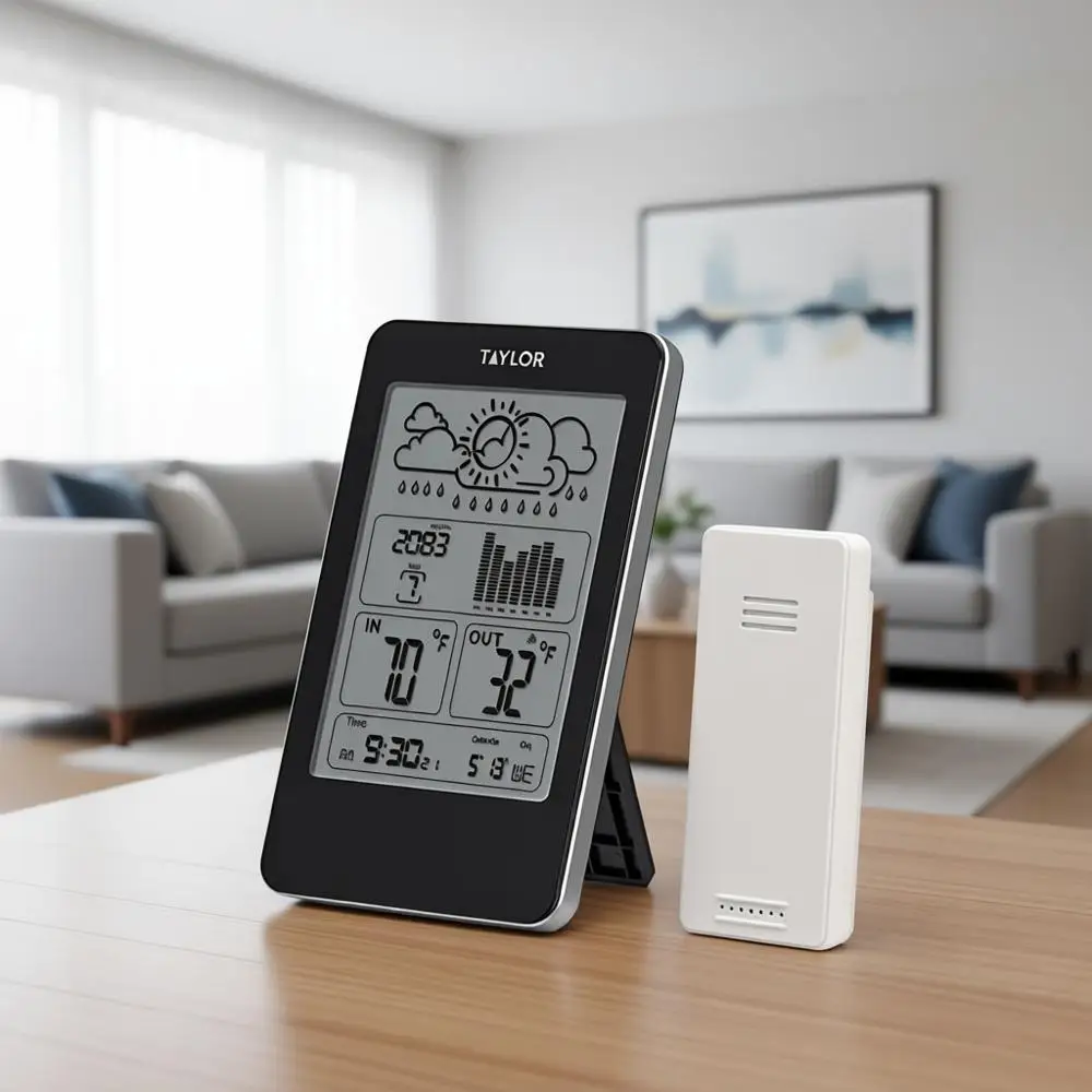 

Wireless Indoor/Outdoor Thermometer & Barometer with Timer, Large Display for Home, Office, Greenhouse, and Nurseries, Sleek Bla