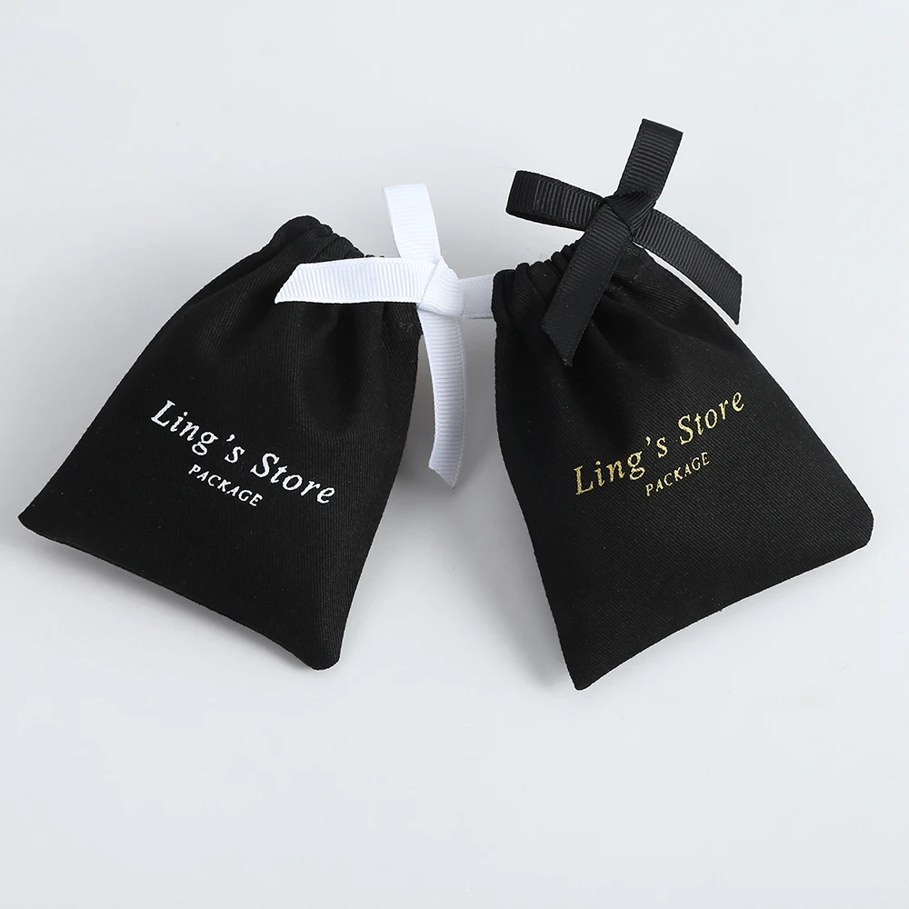 50 Custom Jewelry Package Pouch with Logo Black Cotton Canvas Pouch Drawstring Gift Bags Wedding Favors For Guests Business