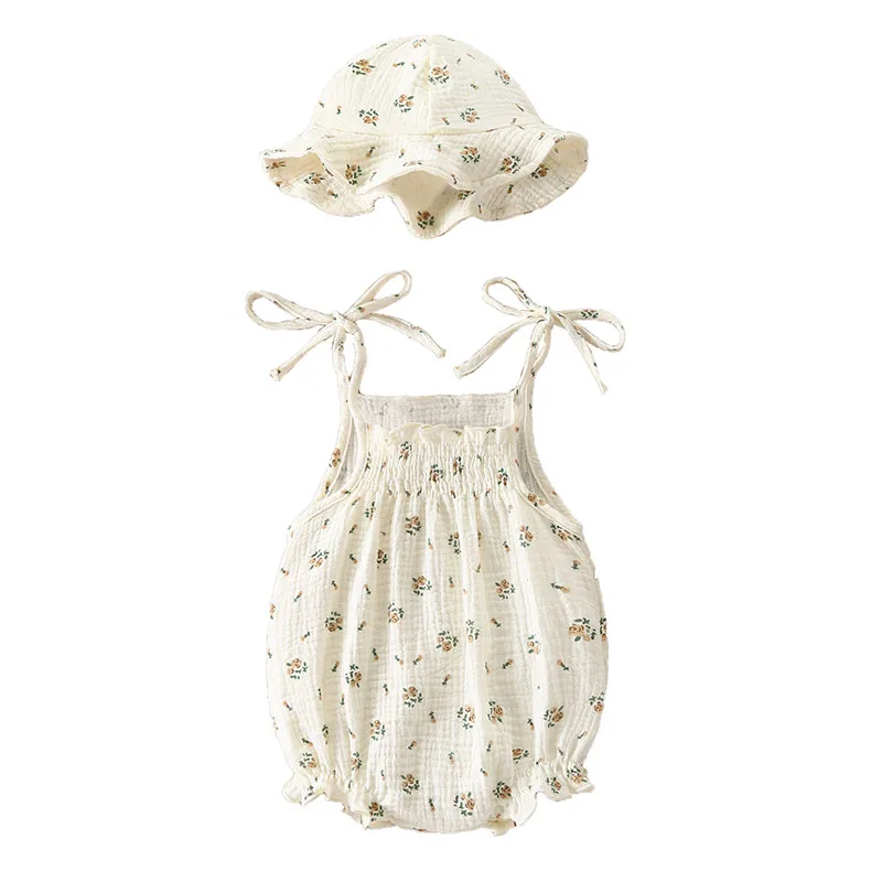 Sommer-Baby-Body, 3–18 Monate, niedliche Blume, dünne Träger für Kleinkinder, einteilig, süßer Blumen-Overall für Kleinkinder, Mädchen + Hut
