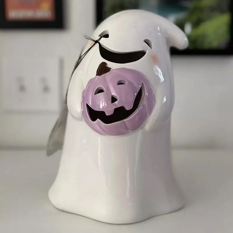 Halloween Ghost Pumpkin Figurine Sculpture Resin Spooky Figure Prop Ornament Home Decoration for Bookshelf Windowsill Bedroom