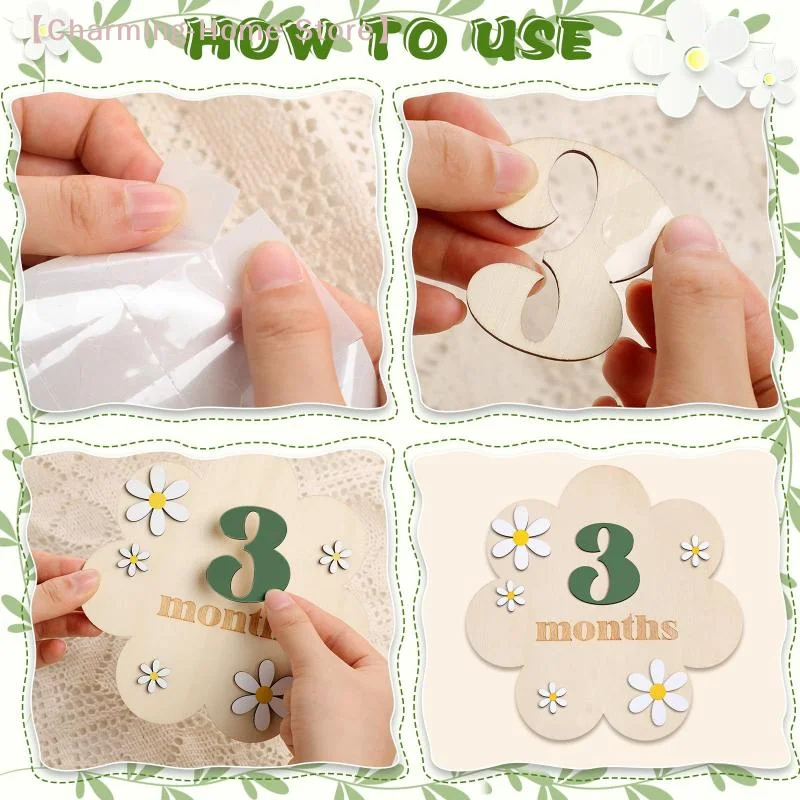 【M】Wooden Baby Monthly Milestone Cards Flowers Double Sides Number Month Girls Boys Newborn Photography Props Accessories view 2
