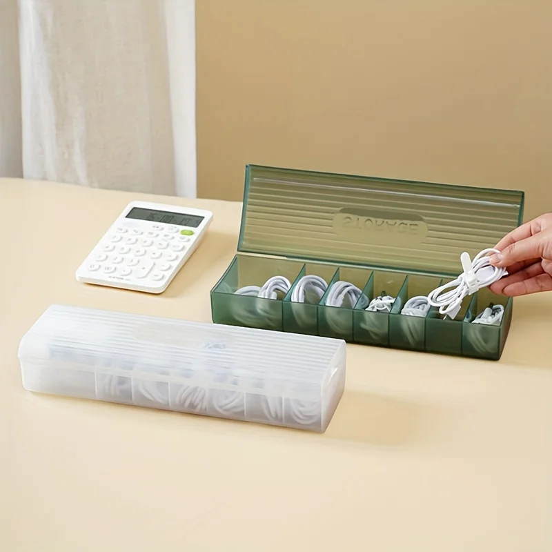 1pc Data Cable Storage Box Plastic Mobile Phone Charger Cable Storage Box Sorting Grid Winder Power Cord Organizer Box