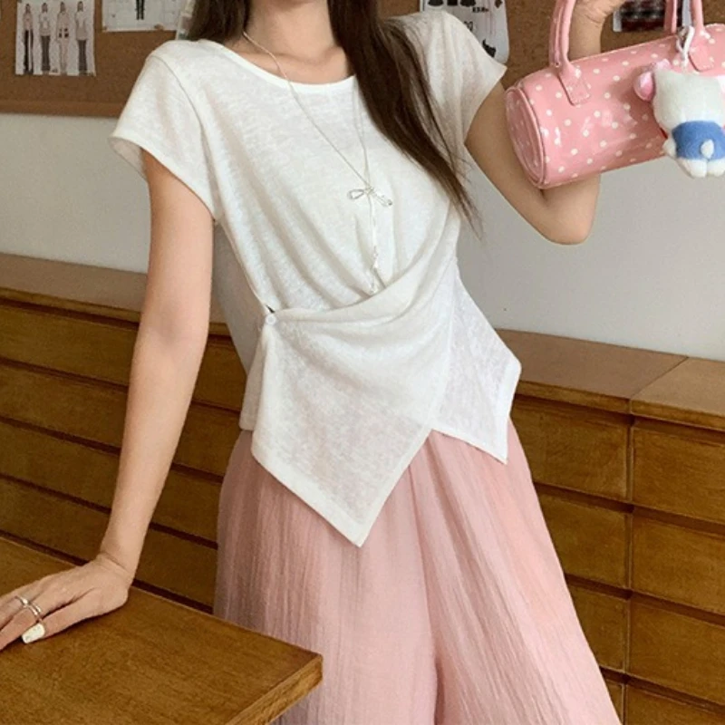 

Button Round Neck Short-sleeved T-shirt for Women 2026 Summer Thin Slightly See-through Slim Fit Waist and Beautiful Top